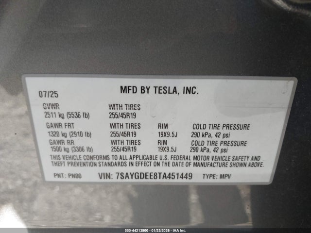 Aukcja sprzedaży 2026 Tesla Model Y Long Range Launch Series/premium All-wheel Drive, vin: 7SAYGDEE8TA451449, numer aukcji: 44213500