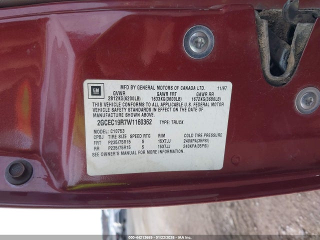 1998 Chevrolet C1500 Fleetside მანქანა იყიდება აუქციონზე, vin: 2GCEC19R7W1160362, აუქციონის ნომერი: 44213669