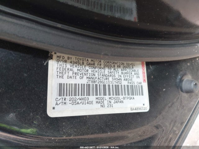 Aukcja sprzedaży 2001 Lexus Es 300, vin: JT8BF28G110317452, numer aukcji: 44213677