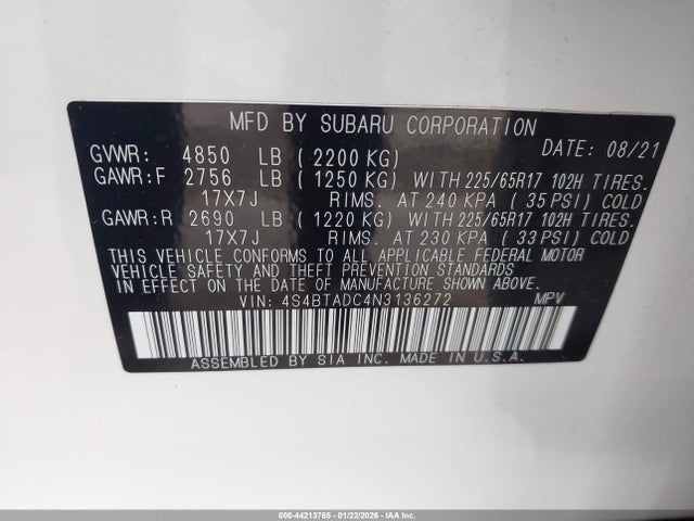Aukcja sprzedaży 2022 Subaru Outback Premium, vin: 4S4BTADC4N3136272, numer aukcji: 44213765