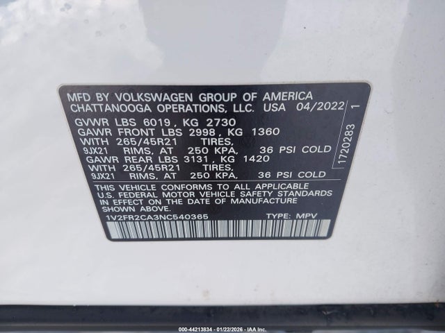 1V2FR2CA3NC540365 Volkswagen Atlas 3.6l V6 Sel Premium R-line