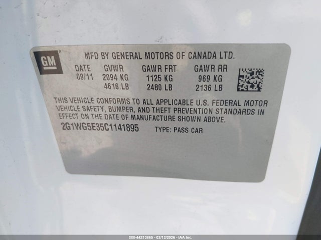 44213865 :رقم المزاد ، 2G1WG5E35C1141895 vin ، 2012 Chevrolet Impala Lt مزاد بيع