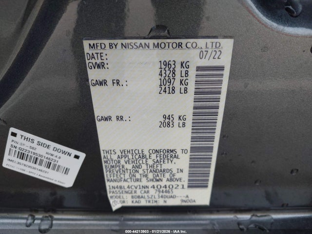 1N4BL4CV1NN404021 Nissan Altima Sr Fwd