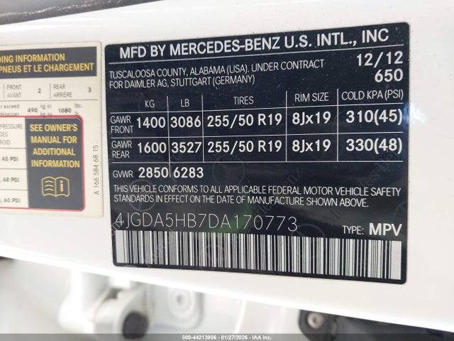 2013 Mercedes-benz Ml 350 4matic მანქანა იყიდება აუქციონზე, vin: 4JGDA5HB7DA170773, აუქციონის ნომერი: 44213906