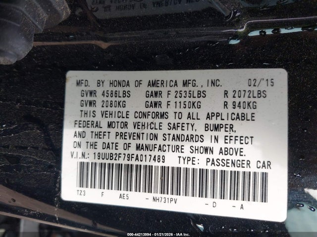 44213994 :رقم المزاد ، 19UUB2F79FA017489 vin ، 2015 Acura Tlx V6 Advance مزاد بيع