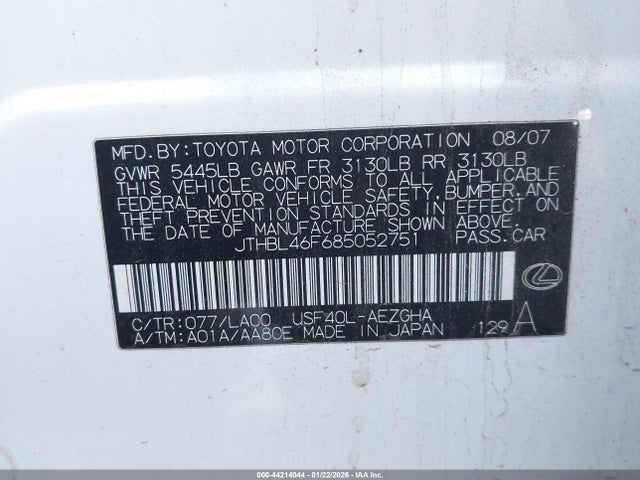 Aukcja sprzedaży 2008 Lexus Ls 460, vin: JTHBL46F685052751, numer aukcji: 44214044