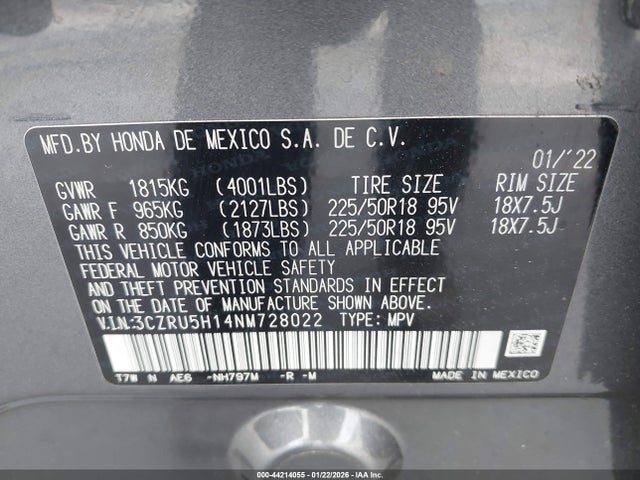3CZRU5H14NM728022 Honda Hr-v 2wd Sport