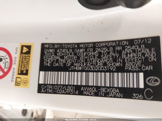 2013 Lexus Es 300h მანქანა იყიდება აუქციონზე, vin: JTHBW1GG3D2003192, აუქციონის ნომერი: 44214068
