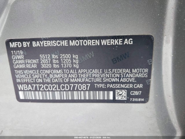 Aukcja sprzedaży 2020 Bmw 740i, vin: WBA7T2C02LCD77087, numer aukcji: 44214076