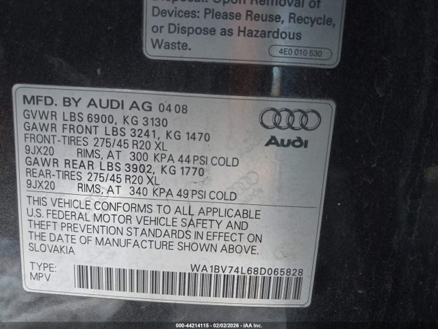 Auction sale of the 2008 Audi Q7 4.2 Premium, vin: WA1BV74L68D065828, lot number: 44214115