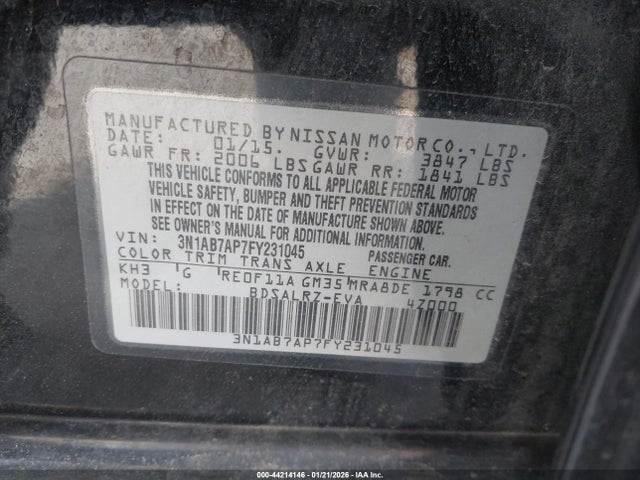 Aukcja sprzedaży 2015 Nissan Sentra Sr, vin: 3N1AB7AP7FY231045, numer aukcji: 44214146