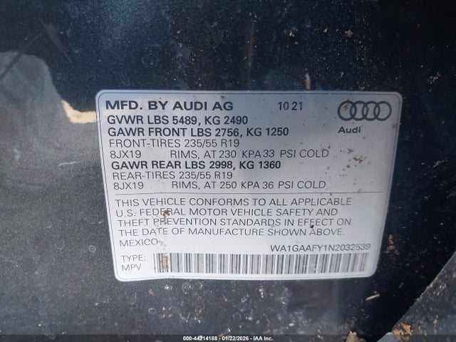 2022 Audi Q5 Premium 45 Tfsi S Line Quattro S Tronic მანქანა იყიდება აუქციონზე, vin: WA1GAAFY1N2032539, აუქციონის ნომერი: 44214188