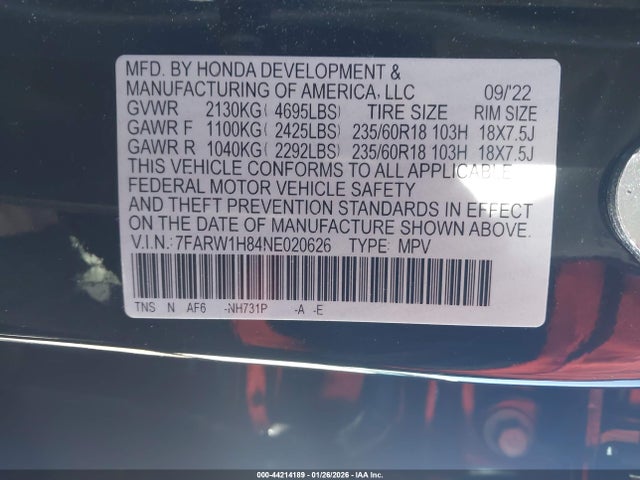 7FARW1H84NE020626 Honda Cr-v 2wd Ex-l