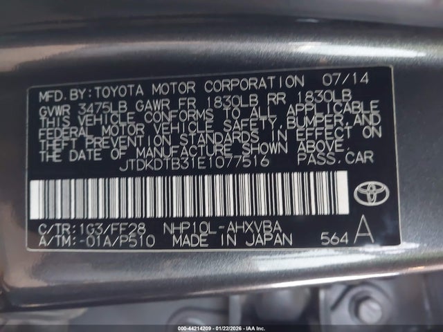 JTDKDTB31E1077516 Toyota Prius C Two