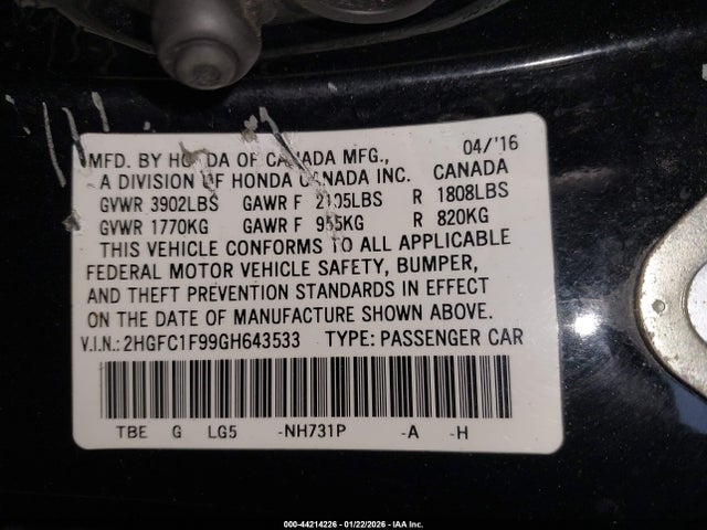 Продаж на аукціоні авто 2016 Honda Civic Touring, vin: 2HGFC1F99GH643533, номер лоту: 44214226