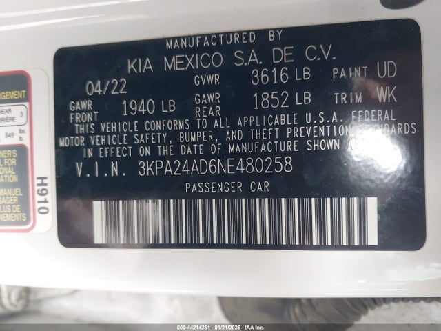 3KPA24AD6NE480258 KIA RIO LX