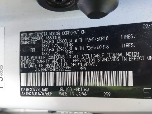 44214293 :رقم المزاد ، JTJBM7FX4K5227222 vin ، 2019 Lexus Gx 460 Premium مزاد بيع