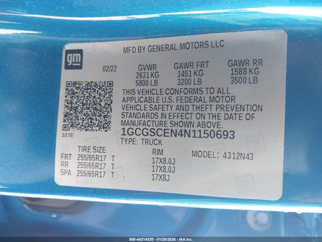2022 Chevrolet Colorado 2wd  Short Box Lt მანქანა იყიდება აუქციონზე, vin: 1GCGSCEN4N1150693, აუქციონის ნომერი: 44214320