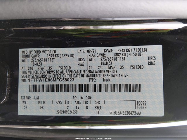 Продаж на аукціоні авто 2021 Ford F-150 Xlt, vin: 1FTFW1E86MFC58023, номер лоту: 44214358