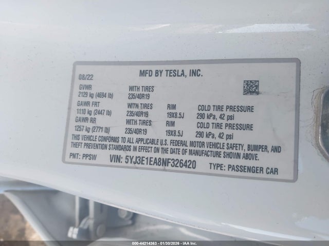 5YJ3E1EA8NF326420 Tesla Model 3 Rear-wheel Drive