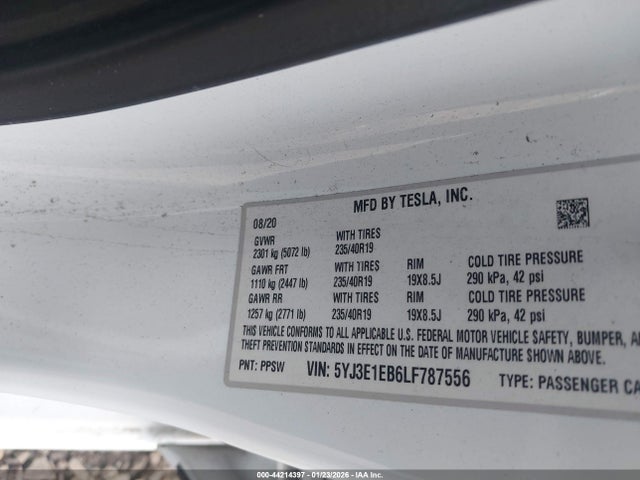 Auction sale of the 2020 Tesla Model 3 Long Range Dual Motor All-wheel Drive, vin: 5YJ3E1EB6LF787556, lot number: 44214397