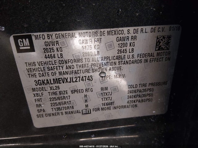 44214418 :رقم المزاد ، 3GKALMEVXJL274743 vin ، 2018 Gmc Terrain Sle مزاد بيع
