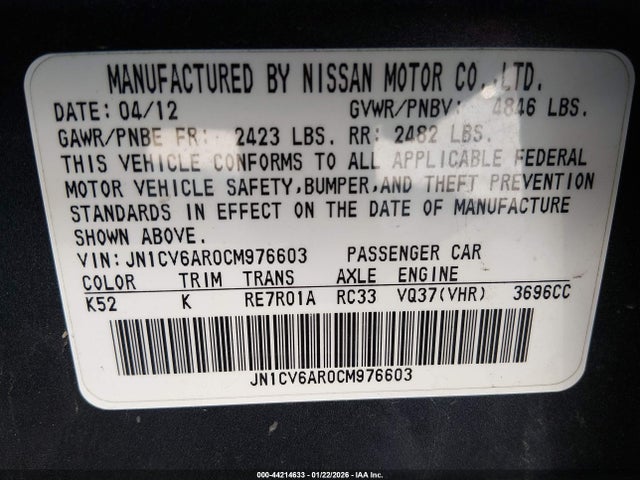 Aukcja sprzedaży 2012 Infiniti G37x, vin: JN1CV6AR0CM976603, numer aukcji: 44214633