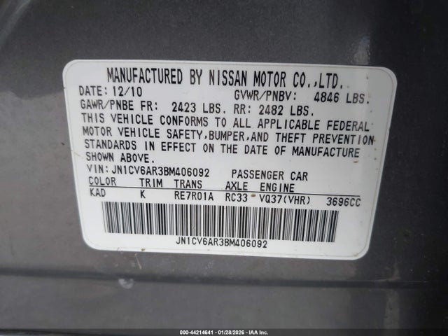 44214641 :رقم المزاد ، JN1CV6AR3BM406092 vin ، 2011 Infiniti G37x مزاد بيع