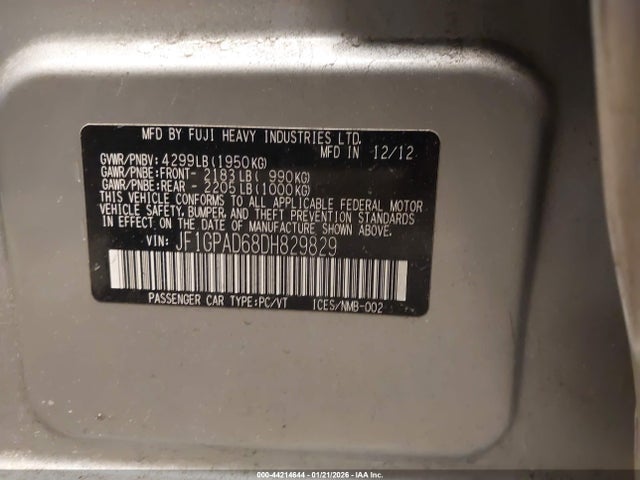 44214644 :رقم المزاد ، JF1GPAD68DH829829 vin ، 2013 Subaru Impreza 2.0i Premium مزاد بيع