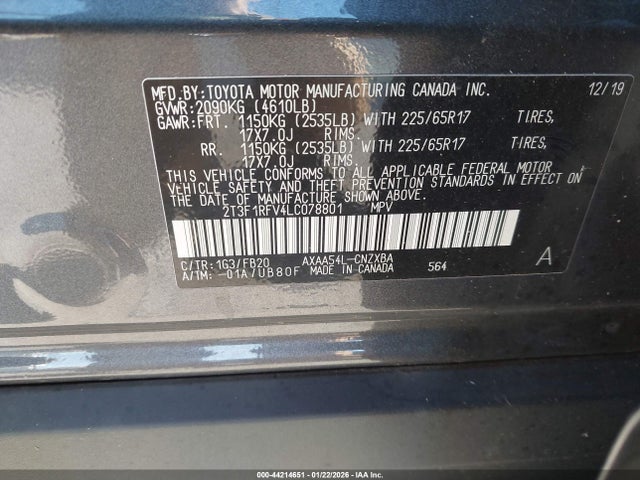 44214651 :رقم المزاد ، 2T3F1RFV4LC078801 vin ، 2020 Toyota Rav4 Le مزاد بيع