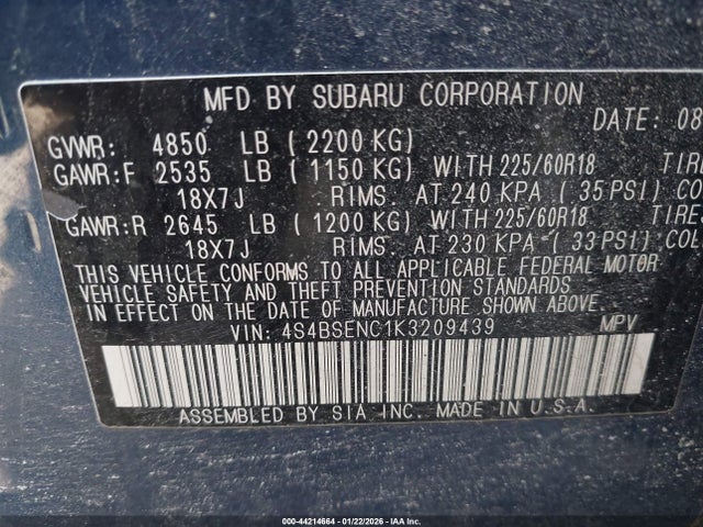 4S4BSENC1K3209439 Subaru Outback 3.6r Limited