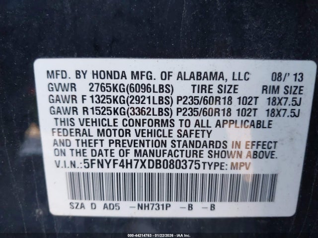 2013 Honda Pilot Ex-l მანქანა იყიდება აუქციონზე, vin: 5FNYF4H7XDB080375, აუქციონის ნომერი: 44214763