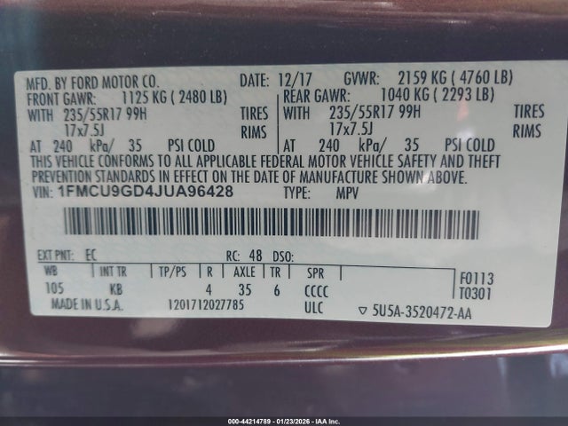 1FMCU9GD4JUA96428 Ford ESCAPE SE