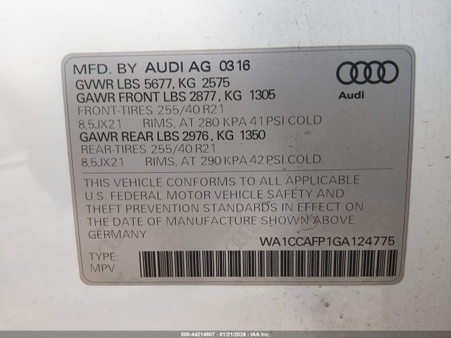 Aukcja sprzedaży 2016 Audi Sq5 3.0t Premium Plus, vin: WA1CCAFP1GA124775, numer aukcji: 44214907