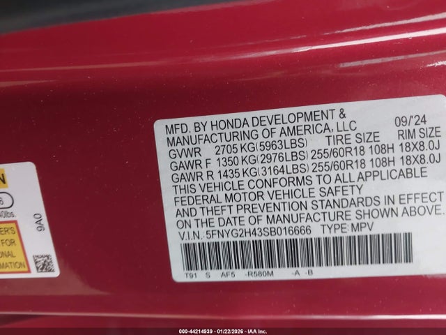 44214939 :رقم المزاد ، 5FNYG2H43SB016666 vin ، 2025 Honda Pilot Ex-l مزاد بيع
