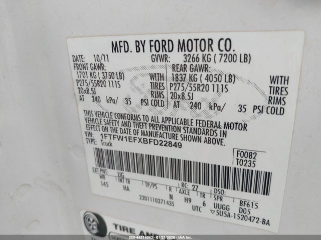 Aukcja sprzedaży 2011 Ford F-150 Lariat, vin: 1FTFW1EFXBFD22849, numer aukcji: 44214942