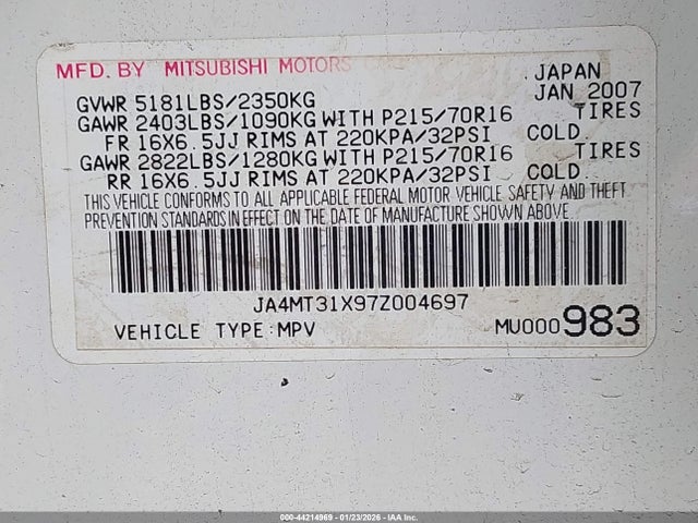 Aukcja sprzedaży 2007 Mitsubishi Outlander Ls, vin: JA4MT31X97Z004697, numer aukcji: 44214969