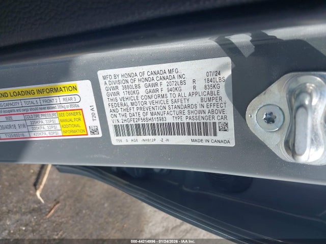 Aukcja sprzedaży 2025 Honda Civic Sport, vin: 2HGFE2F56SH515983, numer aukcji: 44214996