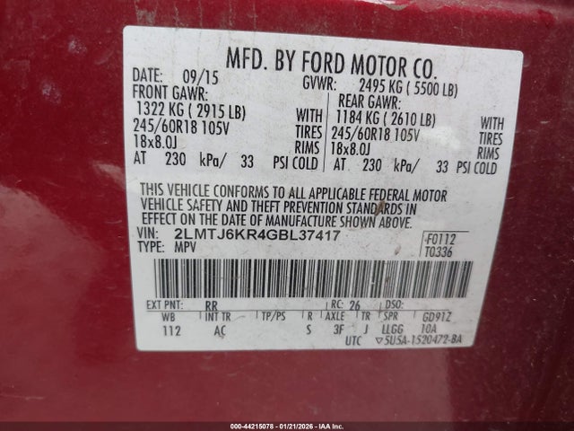 2LMTJ6KR4GBL37417 Lincoln Mkx Select