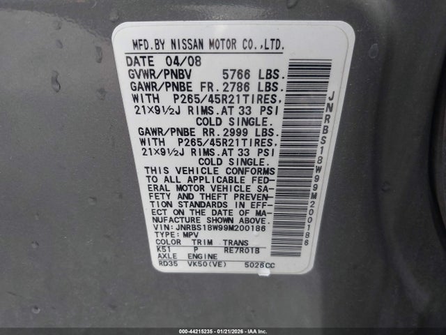 Продаж на аукціоні авто 2009 Infiniti Fx50, vin: JNRBS18W99M200186, номер лоту: 44215235
