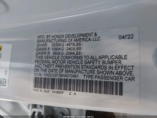 1HGCV2F39NA010461 Honda Accord Sport 2.0t