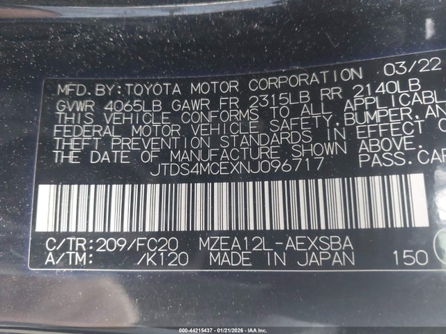 JTDS4MCEXNJ096717 Toyota COROLLA SE