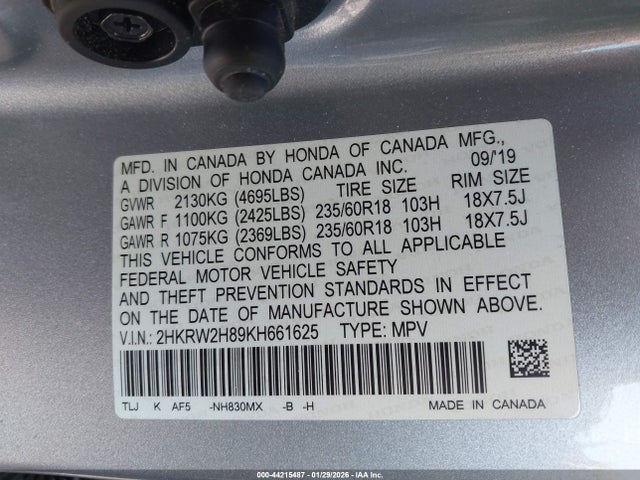 2HKRW2H89KH661625 Honda Cr-v Ex-l
