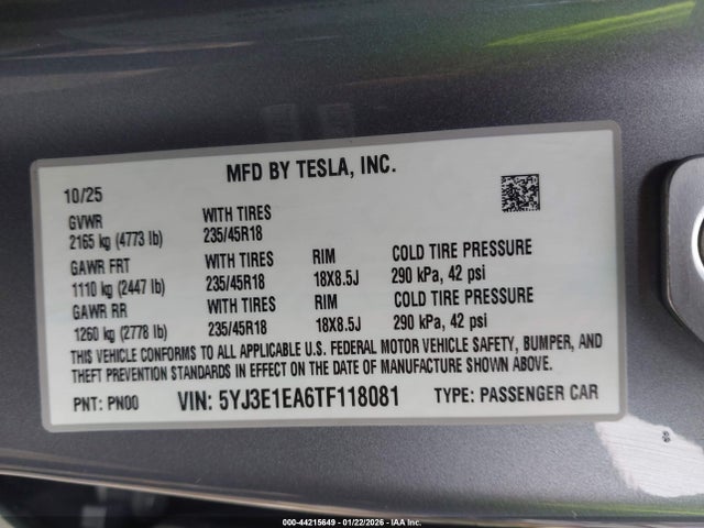 2026 TESLA MODEL 3 5YJ3E1EA6TF118081 Photo 8