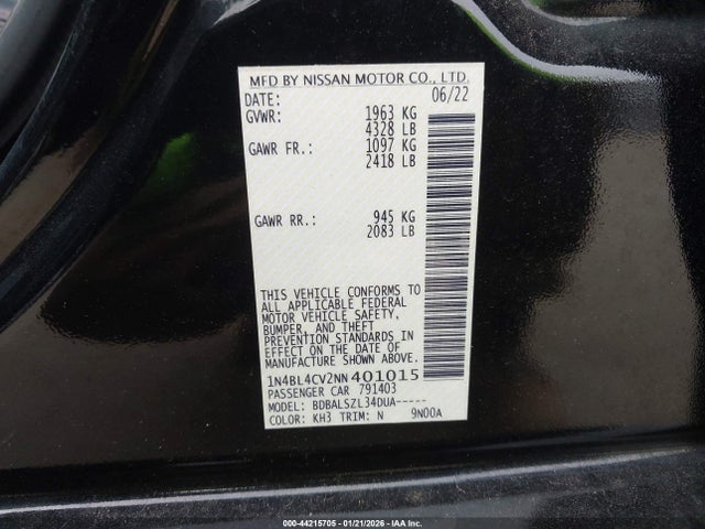 44215705 :رقم المزاد ، 1N4BL4CV2NN401015 vin ، 2022 Nissan Altima Sr Fwd مزاد بيع