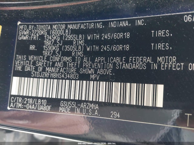 5TDJZRFH8HS434803 Toyota Highlander Xle