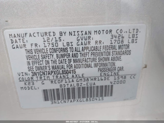 Aukcja sprzedaży 2016 Nissan Versa 1.6 S/1.6 S+/1.6 Sl/1.6 Sv, vin: 3N1CN7APXGL850415, numer aukcji: 44215827