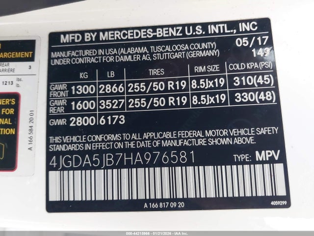 2017 Mercedes-benz Gle 350 მანქანა იყიდება აუქციონზე, vin: 4JGDA5JB7HA976581, აუქციონის ნომერი: 44215966