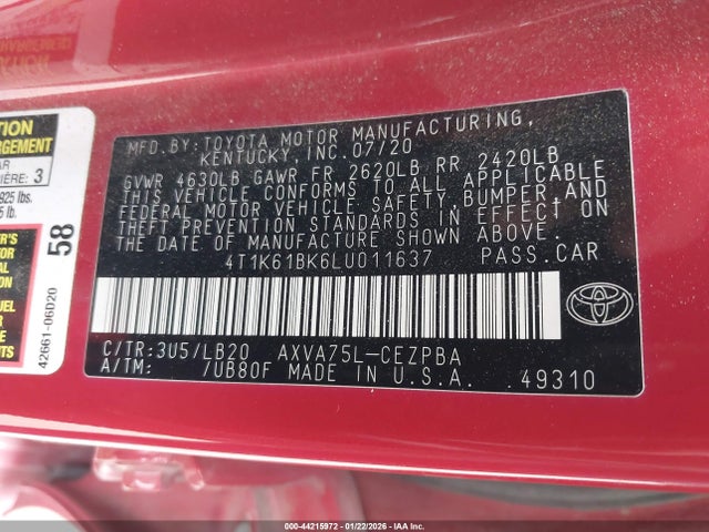 2020 TOYOTA CAMRY 4T1K61BK6LU011637 Photo 8