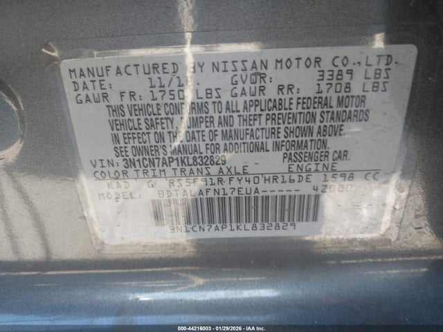 Nissan Versa 1.6 S 2019 3N1CN7AP1KL832829 Image 9